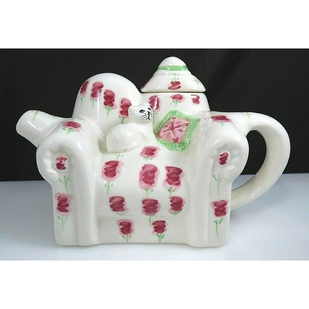 Miniature Teapot Cat Couch  Ceramic Tea Nee Sofa Flowers Cardinal White Vintage